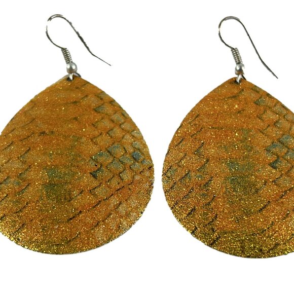 Large Metal Earrings Gold Tone Green Mermaid Scales Dangle Glitter Teardrop - Picture 1 of 11